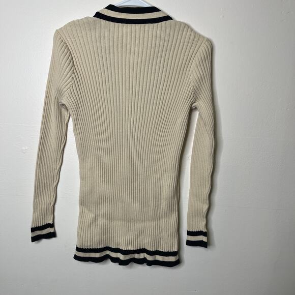 Cabi Women's Small Ribbed Knit Cardigan Sweater Cream Navy Striped Old Money - Picture 2 of 6